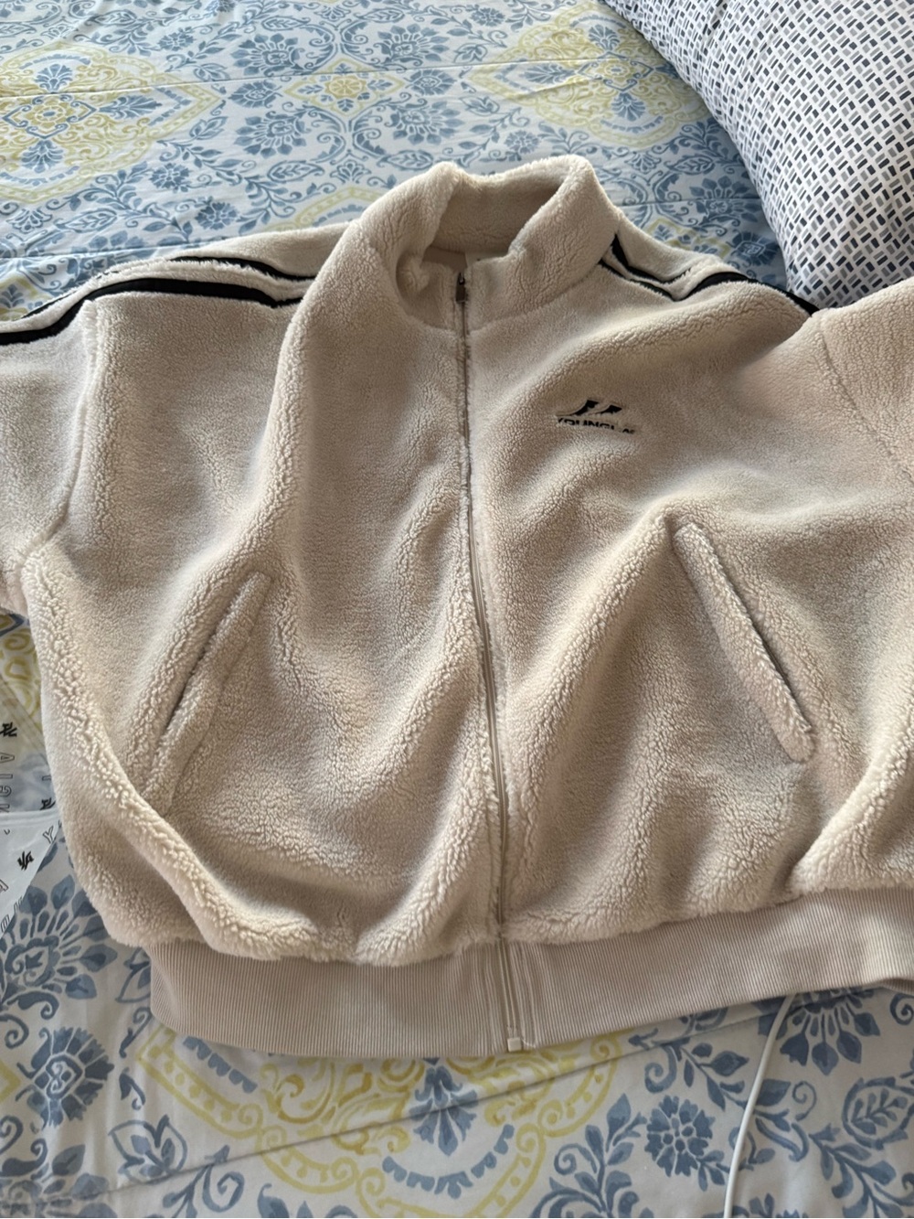 YoungLA Beige Sherpa Zip-Up Jacket with Striped Shoulder Detail